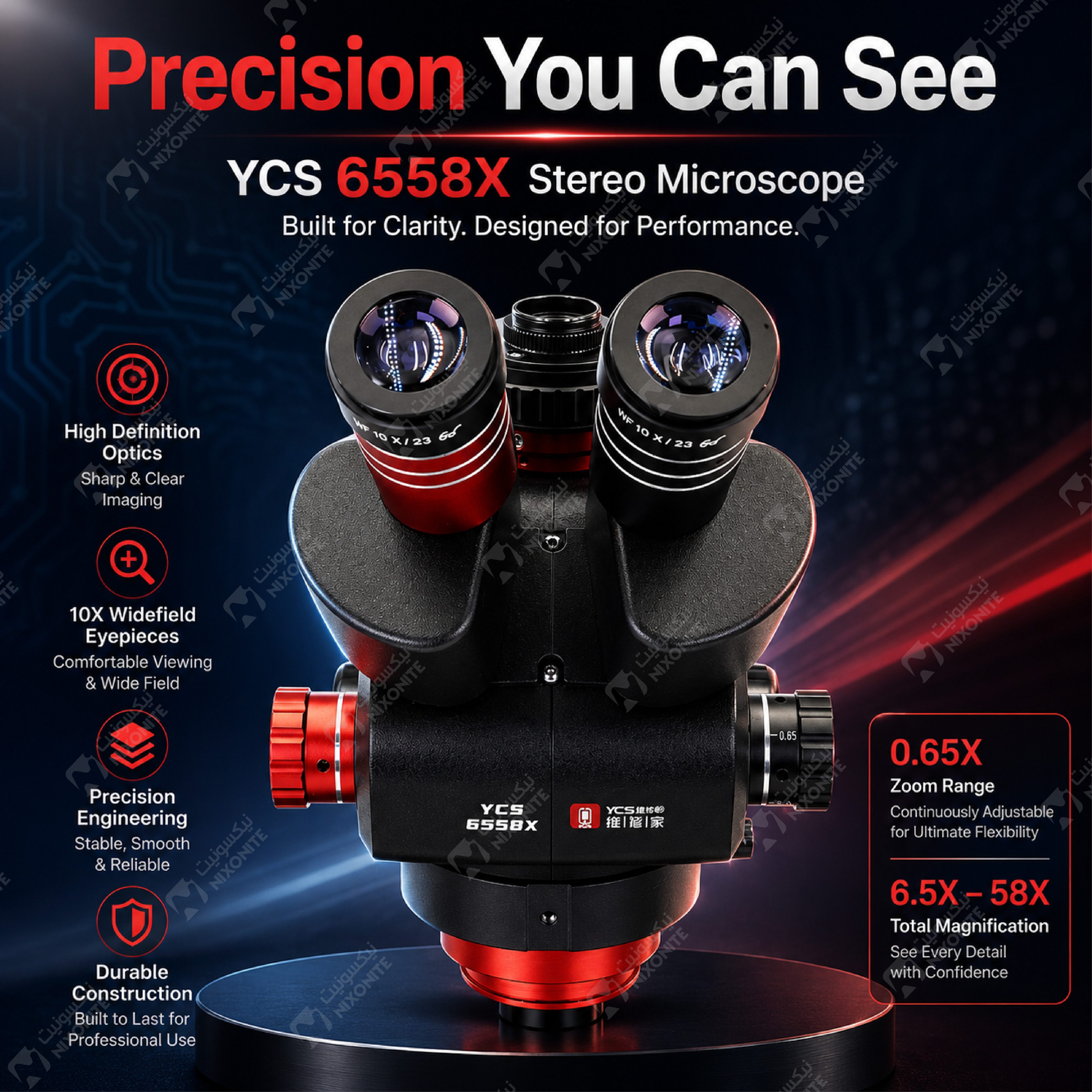 YCS 6558X مجهر ستيريو ثلاثي العينيات فائق الدقة 6.5X?58X للهاتف المحمول وإصلاح ثنائي الفينيل متعدد الكلور